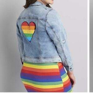 Lane Bryant Pride Denim Jacket with Rainbow Heart Sz 26